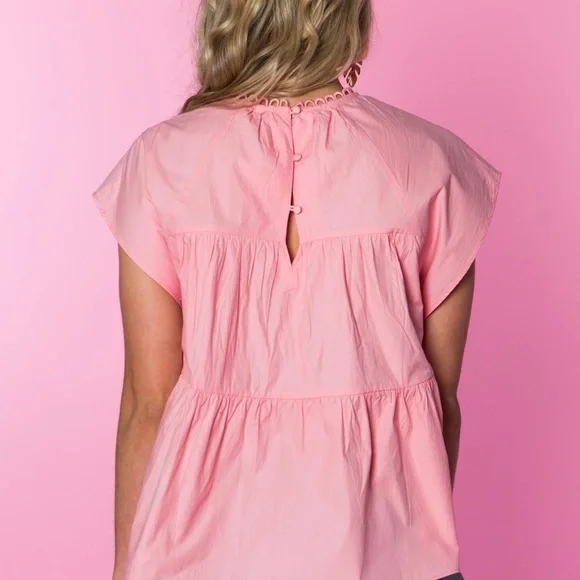 CROSBY by Mollie Burch Becky Pink Cap Sleeve Blouse with Bib Collar - Picture 2 of 6